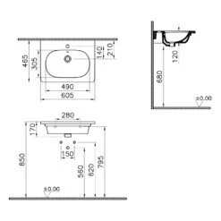 VitrA Zentrum Möbelwaschtisch 60,5 Cm, Mit Überlaufloch, 1 Hahnloch Mittig