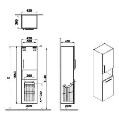 VitrA Root Flat Hochschrank 42 X 155 Cm, Mit Wäschekorb, Türanschlag Rechts
