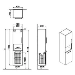 VitrA Root Flat Hochschrank 42 X 155 Cm, Mit Wäschekorb, Türanschlag Links