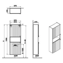 VitrA Root Groove Hochschrank Compact 57 X 155 Cm, Mit Offener Ablage, 2 Türen